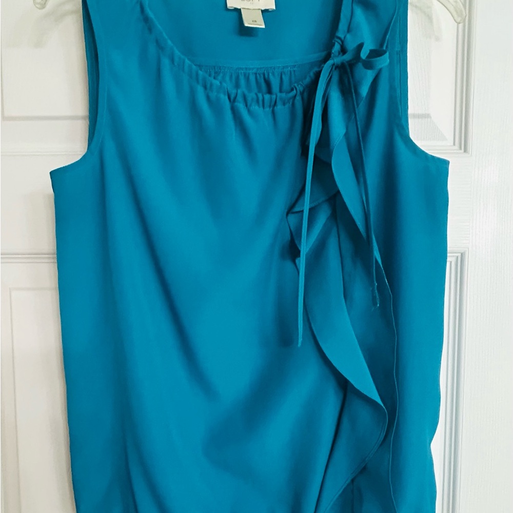 LOFT Blue Sleeveless Ruffled Tie Front Blouse